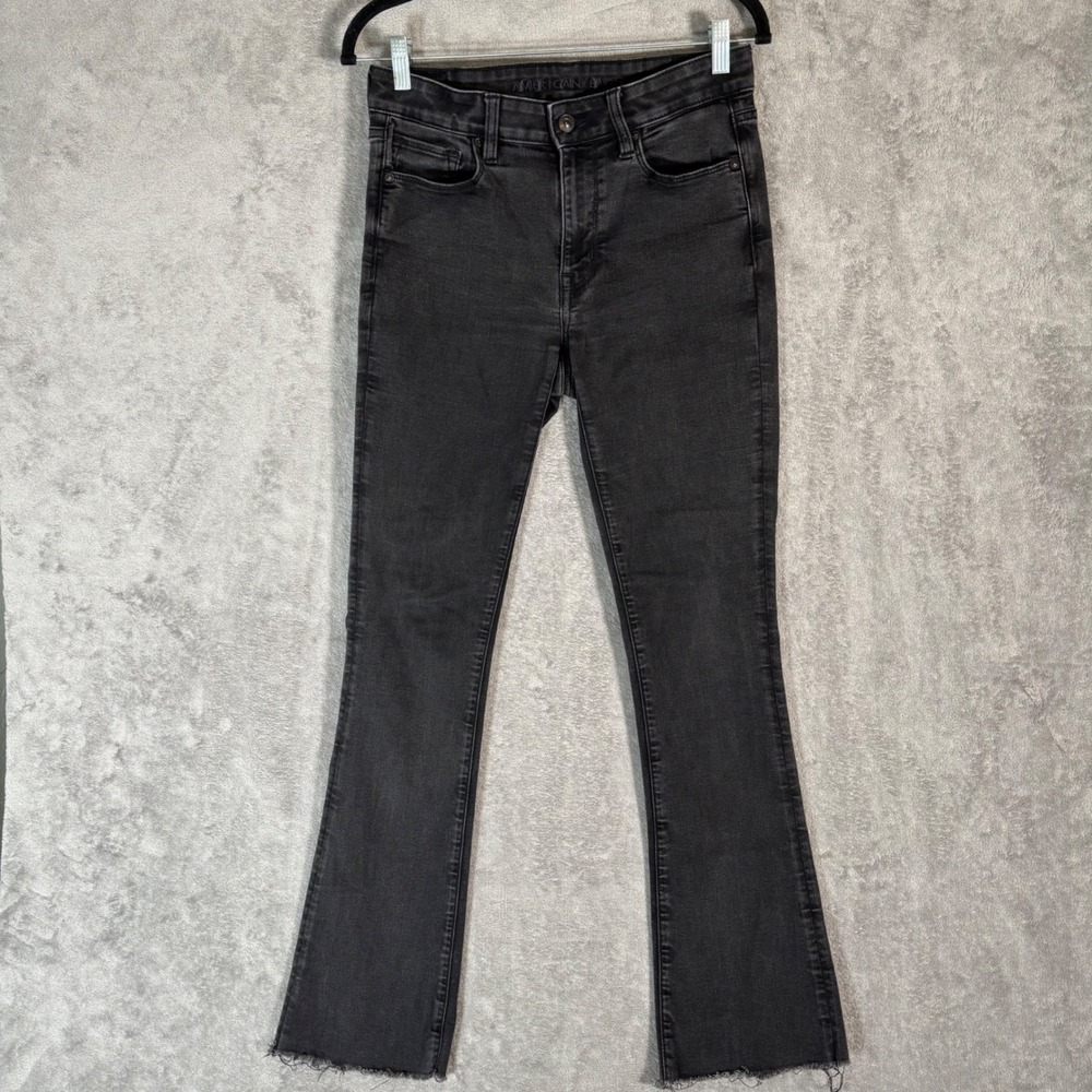 American Eagle High Rise Skinny Kick Jeans Black Raw Hem Size 6 Regular Grunge